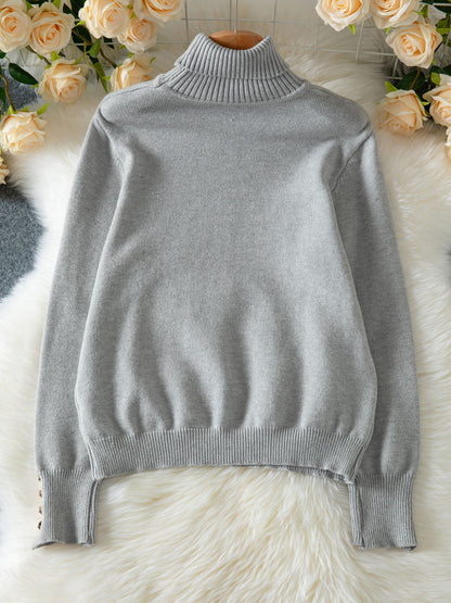 Womens Knit Turtleneck Sweater | Soft Ribbed Pullover with Button Cuffs | noémi