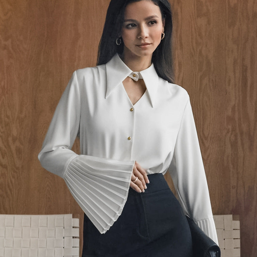 White Collared Slim Fit Long Sleeve Chiffon Shirt with Hollow Out Cutouts for Women | noémi