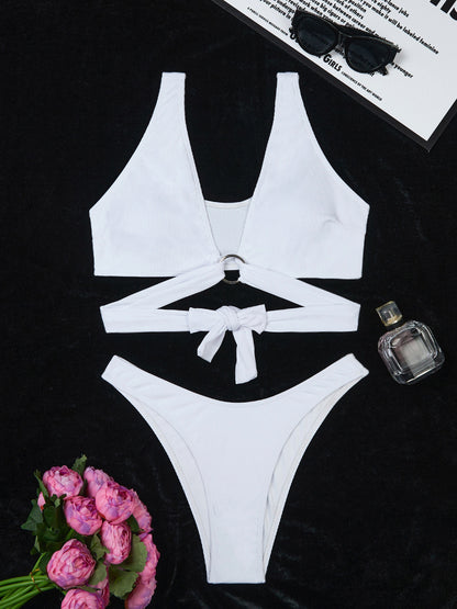 Ring Detail Three Point Bikini Set with Sunken Stripe Texture for Women | noémi