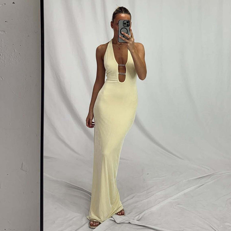 Halter Dress | Hollow Out Slim Fit Maxi with Iron Chain Detail & Side Slit | noémi