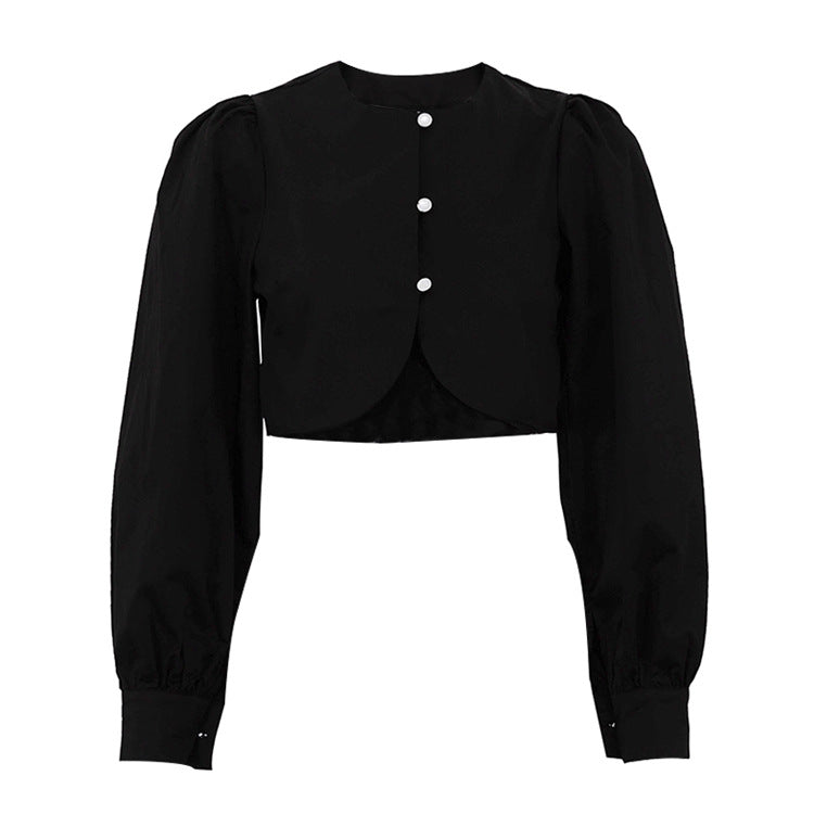 Cotton Cropped Cardigan | Puff Sleeve, Round Neck, Button Front Top for Women | noémi