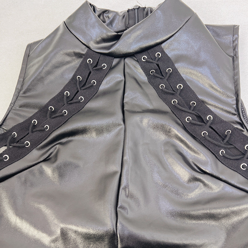 Womens Faux Leather Sleeveless Sheath Dress with Stand Collar Lace Up Waist | noémi