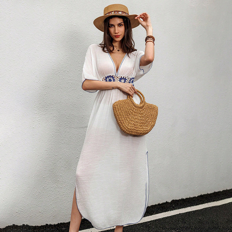 Cover Up Dress | White Midi Kaftan with Blue Floral Detail | noémi