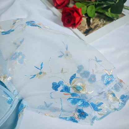 Mesh Lace Embroidery Corset Top with Puff Sleeves and Boning Support | noémi