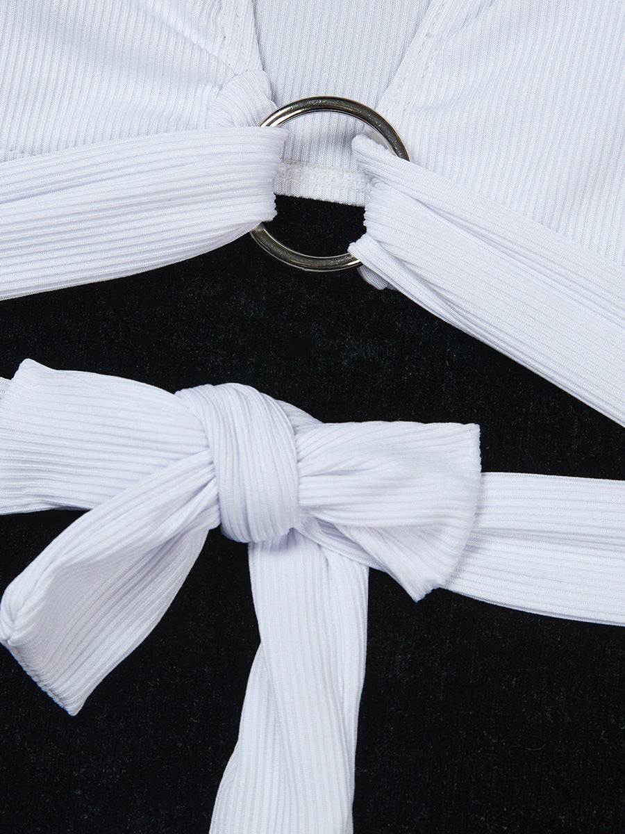 Ring Detail Three Point Bikini Set with Sunken Stripe Texture for Women | noémi