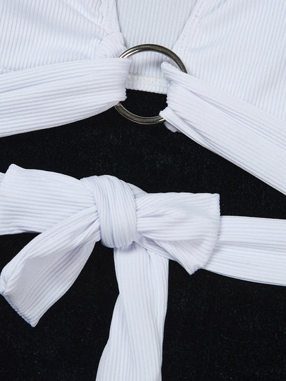 Ring Detail Three Point Bikini Set with Sunken Stripe Texture for Women | noémi