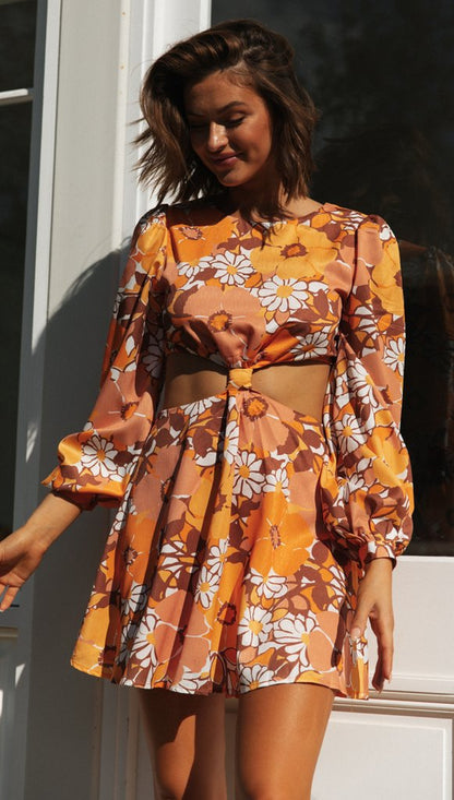 Womens Floral Printed Cropped Backless Dress with Lantern Sleeves | noémi
