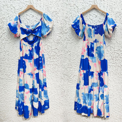 Womens VNeck Puff Sleeve Printed Midi Dress with Cutout Detail | noémi