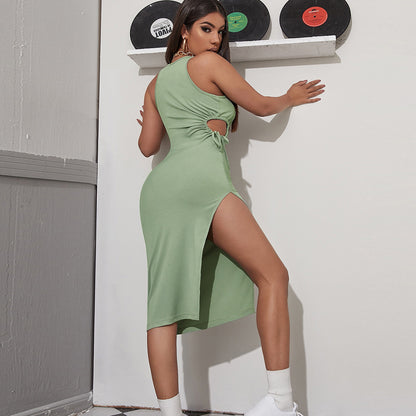 Strap Dress With Side Cutout Tied Detail Pleated Skirt And Thigh Slit | noémi