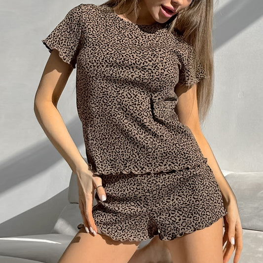 Leopard Print Two Piece Pajama Set for Women | Short Sleeve Shorts | noémi