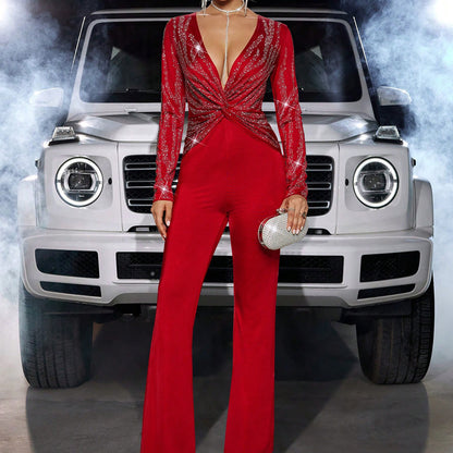 Sequin Slim Jumpsuit | Red Long Sleeve | Straight Leg One Piece | noémi