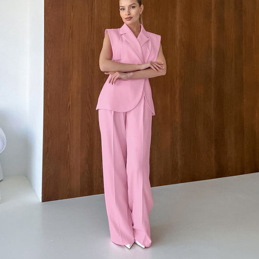 Pink Sleeveless Blazer & Wide Leg Trousers Set | Summer Two Piece Suit | noémi