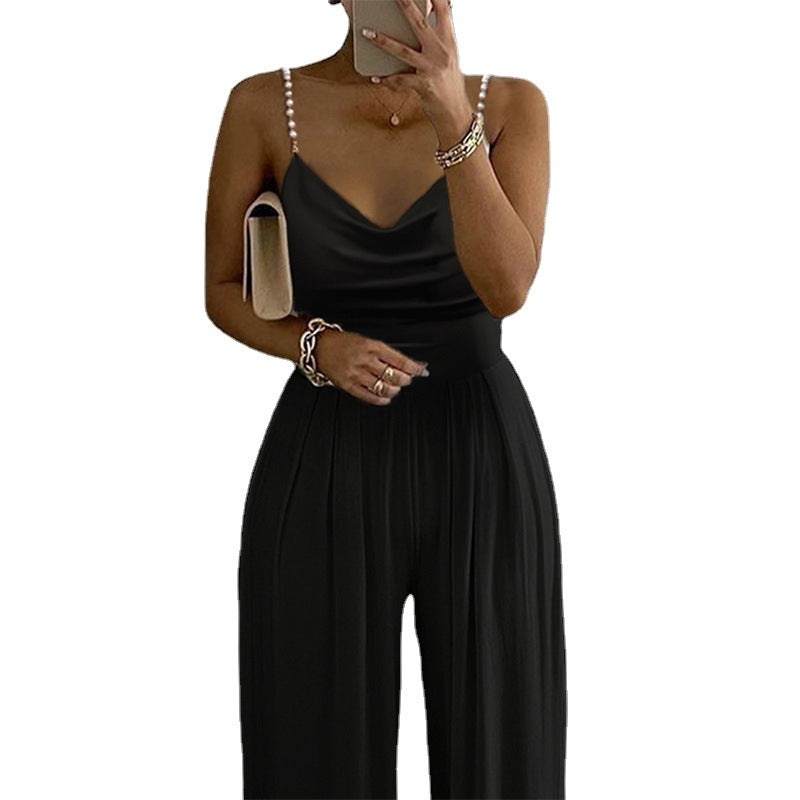 V Neck Wide Leg Jumpsuit | Sleeveless, Backless, Pearl Strap | noémi