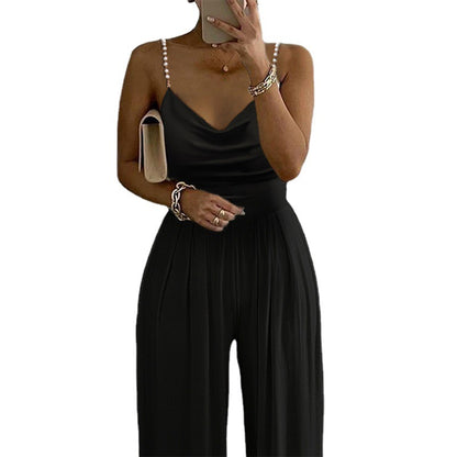V Neck Wide Leg Jumpsuit | Sleeveless, Backless, Pearl Strap | noémi