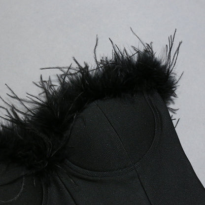 Women Tube Top Long Dress with Feather Trim and Bandage Fit | noémi