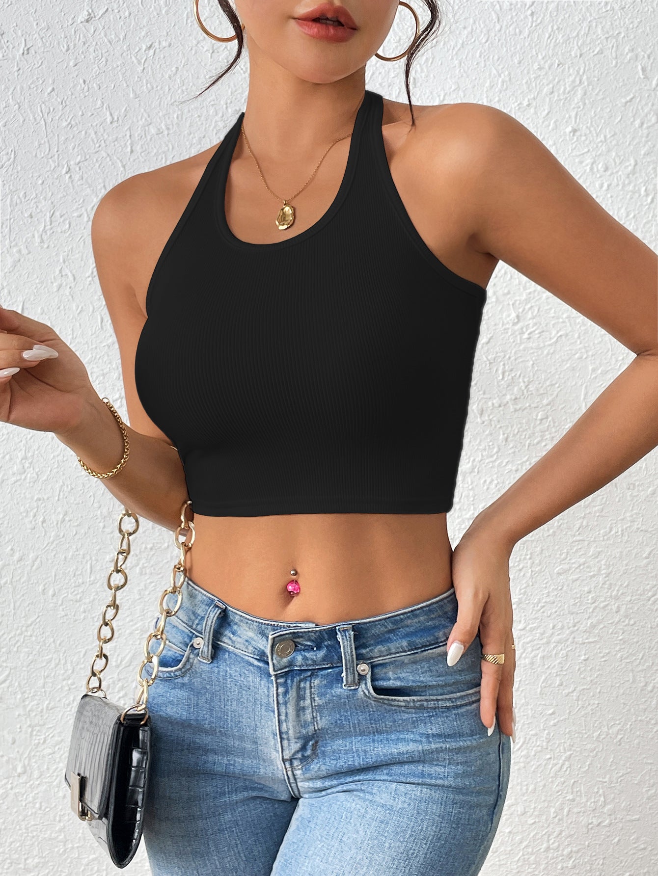 Black Ribbed Halter Neck Crop Top | High Neck Minimalist Knit Tank | Sleek & Stretchy | noémi