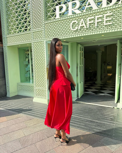 Womens Red 2 Piece Set | Strapless Corset Top & High Waist Skirt | Bandage Set | noémi