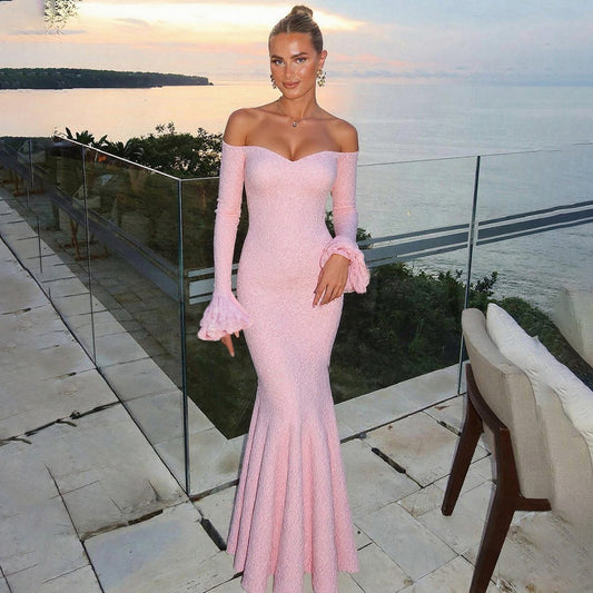 Summer Off Shoulder Pink Maxi Dress | Flattering High Waist Sheath Dress | noémi