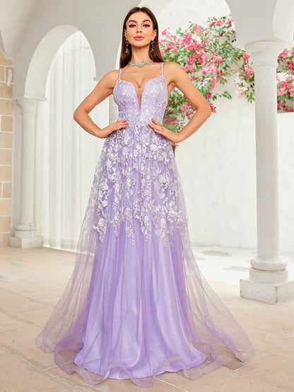 Lavender Lace Embroidered Tulle Gown | Corset Bodice | noémi