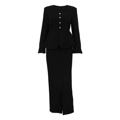 Women's Two Piece Set | Square Collar Cardigan & Package Hip Skirt |  Long Sleeve Outfit | noémi