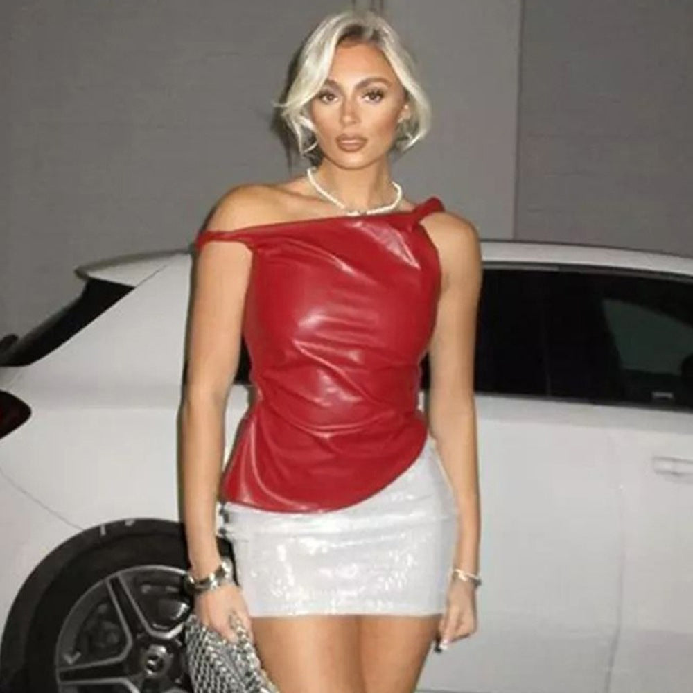 Womens Sleeveless Faux Leather One Shoulder Vest | noémi