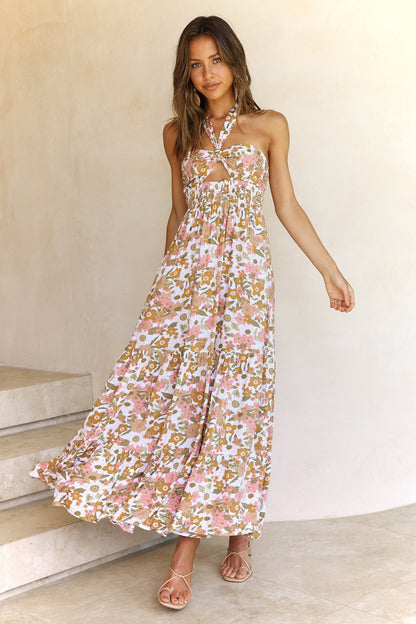 Floral Printed Halter Lace Up Backless Pleated Dress | noémi