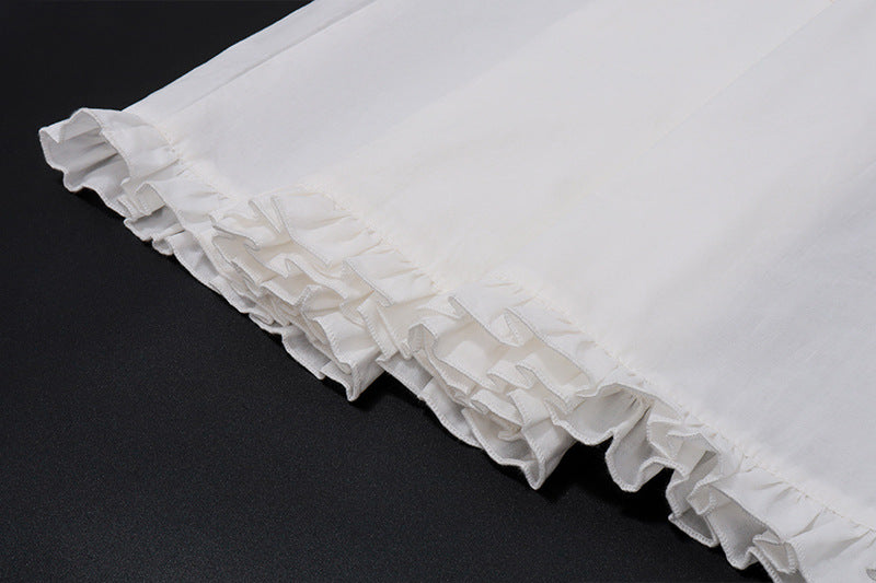 White Corset Midi Sundress | Ruffle Trim Sleeveless Dress with Smocked Back | noémi