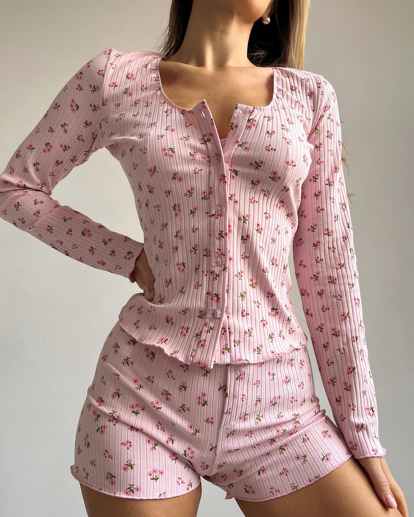 Womens Pajama Set | Knitted Printed Long Sleeve Shorts, 3 Piece