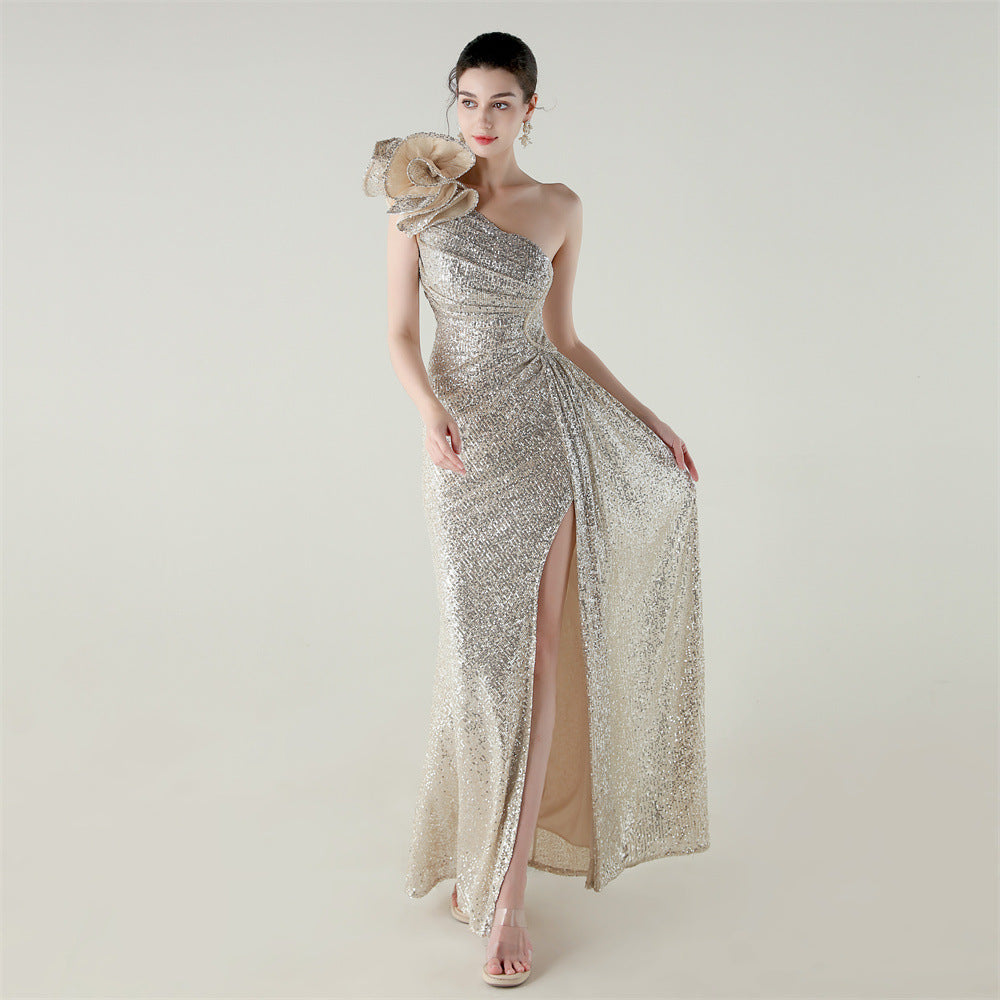 Womens One Shoulder Sequin Beaded Fishtail Gown | Floral Detail, Slim Fit | noémi