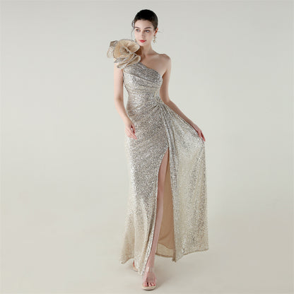 Womens One Shoulder Sequin Beaded Fishtail Gown | Floral Detail, Slim Fit | noémi