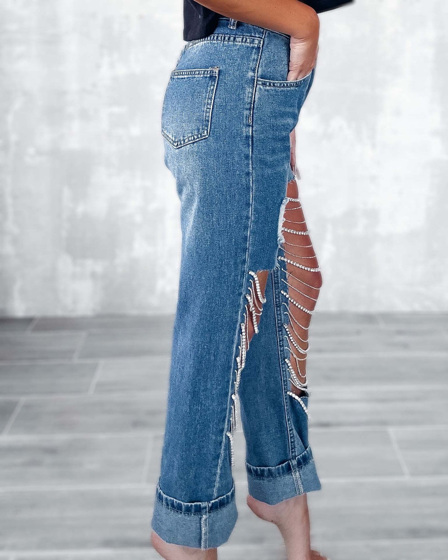 Ripped Straight Leg Jeans | Chain Detail | High Waisted Distressed Denim | noémi
