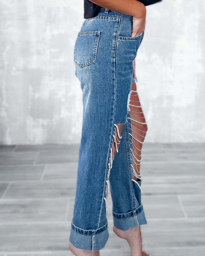 Ripped Straight Leg Jeans | Chain Detail | High Waisted Distressed Denim | noémi