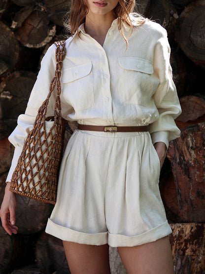 Cotton Linen Long Sleeve Shorts Jumpsuit | noémi