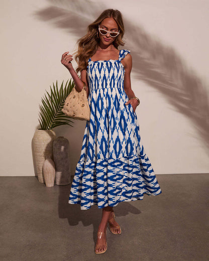 Printed Square Neck Swing Dress | Pleated with Adjustable Straps | noémi