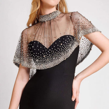 Black Pearl Cape Gown | Strapless Fitted Maxi Dress with Detachable Sheer Overlay | noémi
