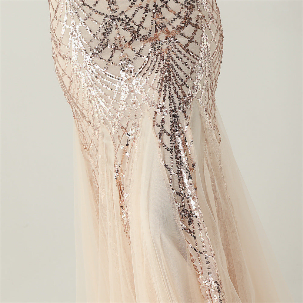 Sequin Beaded Floral Feather Gown | Mesh Fishtail Strapless Cross Back | noémi