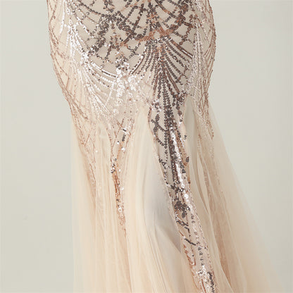 Sequin Beaded Floral Feather Gown | Mesh Fishtail Strapless Cross Back | noémi