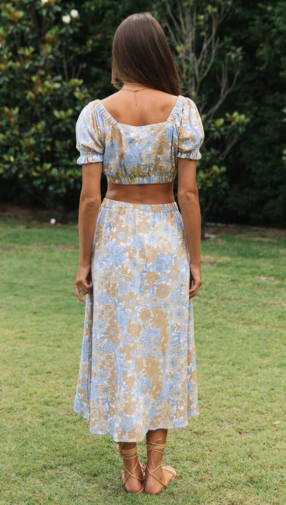 Vintage Floral Womens Crop Top & Maxi Skirt Set | Short Puff Sleeves & Slit Hemline | noémi