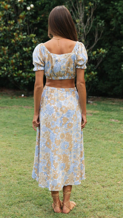 Vintage Floral Womens Crop Top & Maxi Skirt Set | Short Puff Sleeves & Slit Hemline | noémi