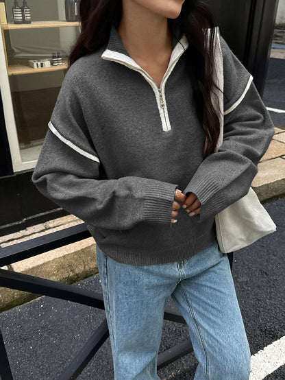 Zipper Sweater for Women | Casual Solid Color Long Sleeve Knit Pullover | noémi
