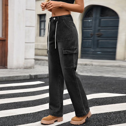 Straight Leg Cargo Jeans | Women’s Lace Up Multi Pocket Denim Pants | noémi