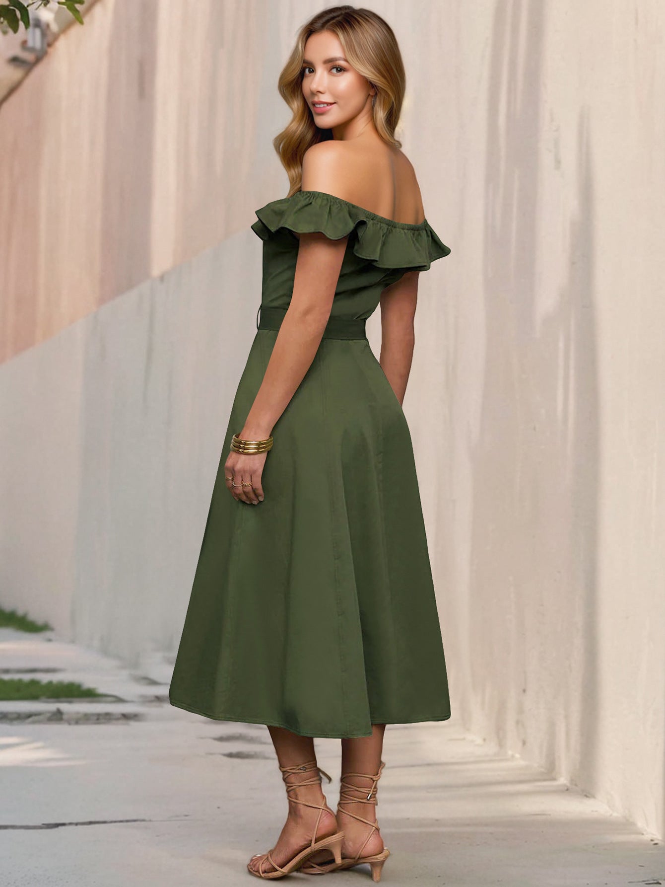 Retro Off Shoulder Ruffle Dress | Belted A Line, Button Front | noémi