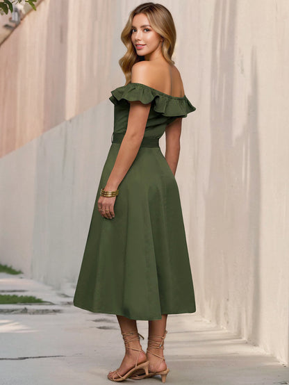 Retro Off Shoulder Ruffle Dress | Belted A Line, Button Front | noémi