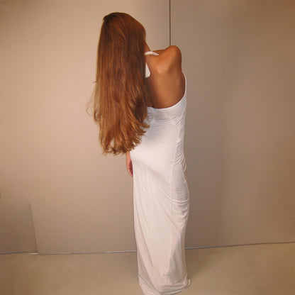 White Halter Maxi Dress | Deep VNeck Backless l High Slit | Slim Fit Gown | noémi