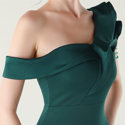 Ruffled One Shoulder Satin Gown with Beaded Chains | Slim Fit Fishtail Dress | noémi