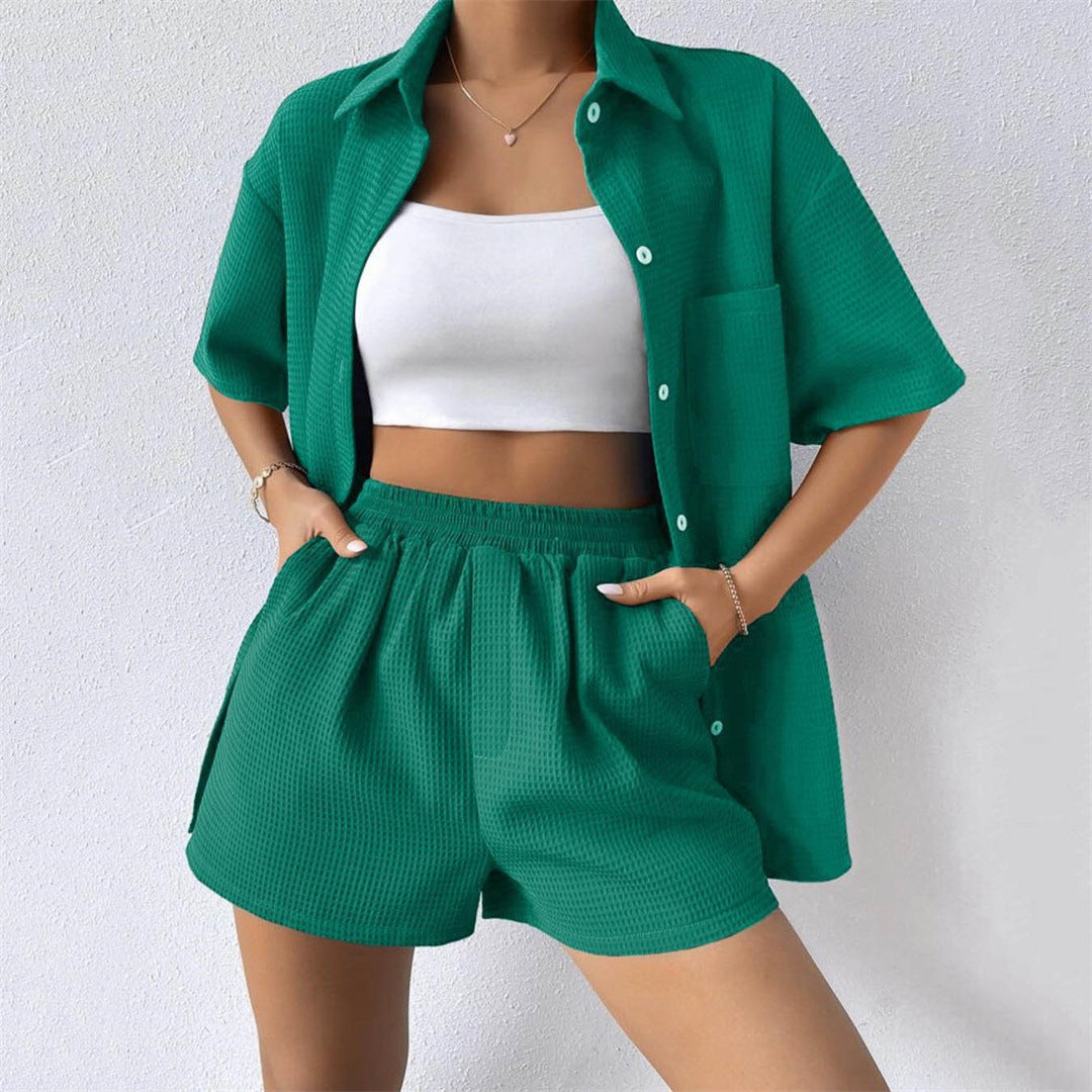 Womens Two Piece Set | Loose Short Sleeve Shirt Elastic Waist Shorts | noémi