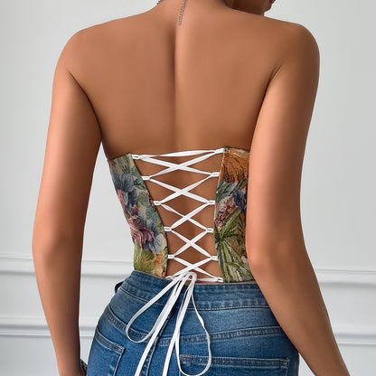 Floral Corset Top | Strapless Lace Up Bustier with Boning & Satin Ribbon | noémi