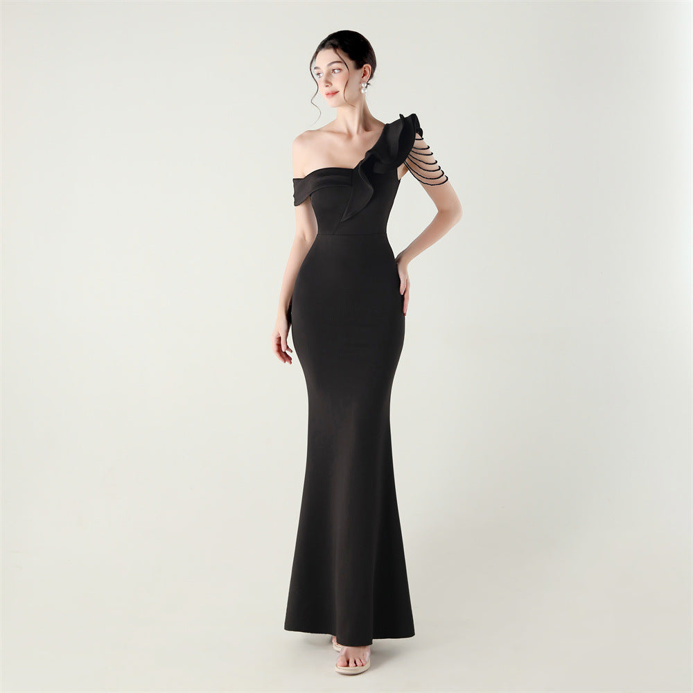 Ruffled One Shoulder Satin Gown with Beaded Chains | Slim Fit Fishtail Dress | noémi