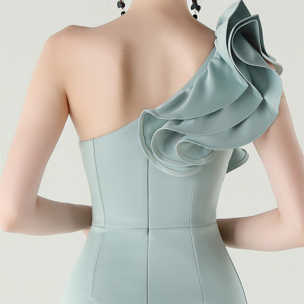 Womens One Shoulder Satin Gown | Floral Detail with High Slit | noémi