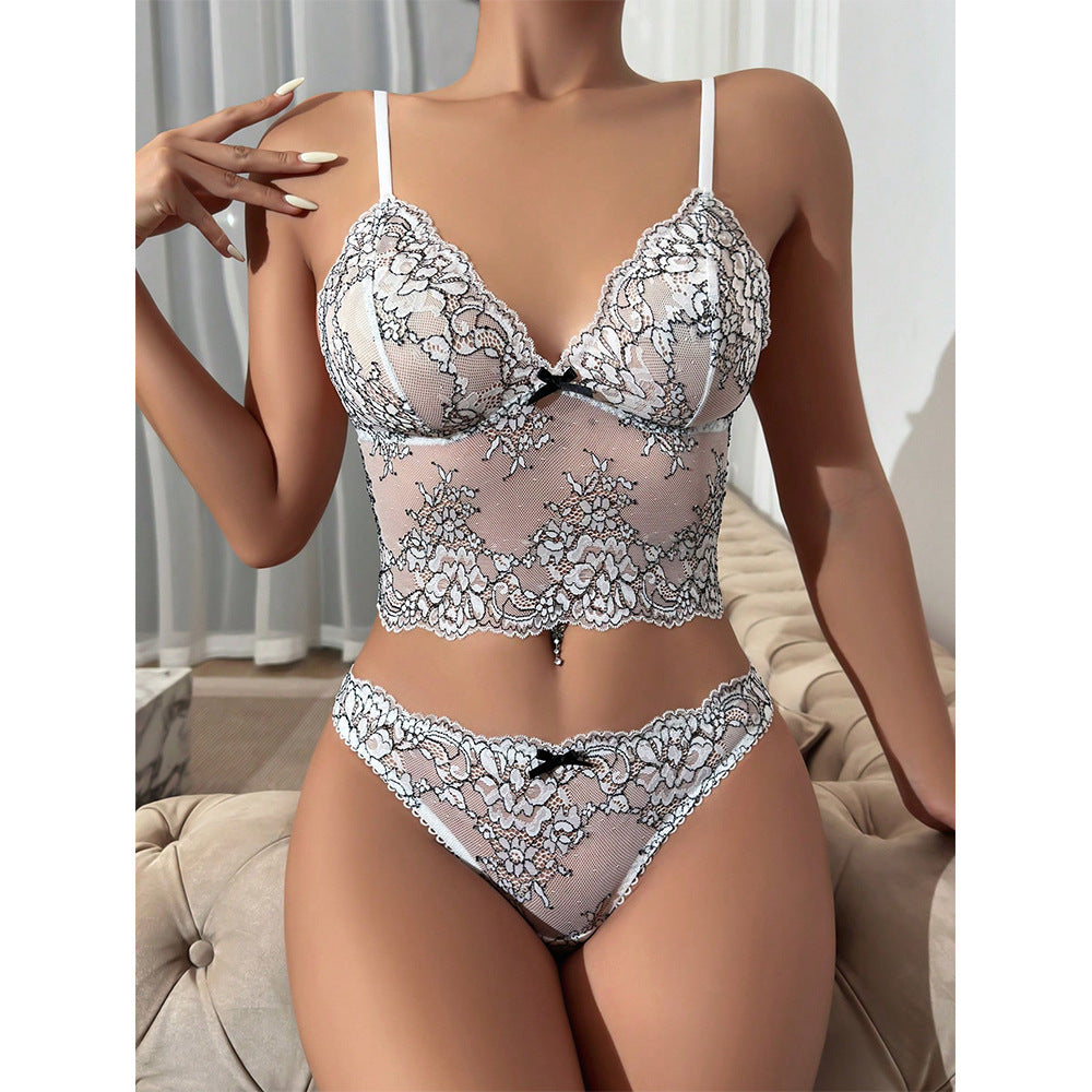 Lace Mesh Embroidered Bra and T Back Two Piece Lingerie Set for Women | noémi